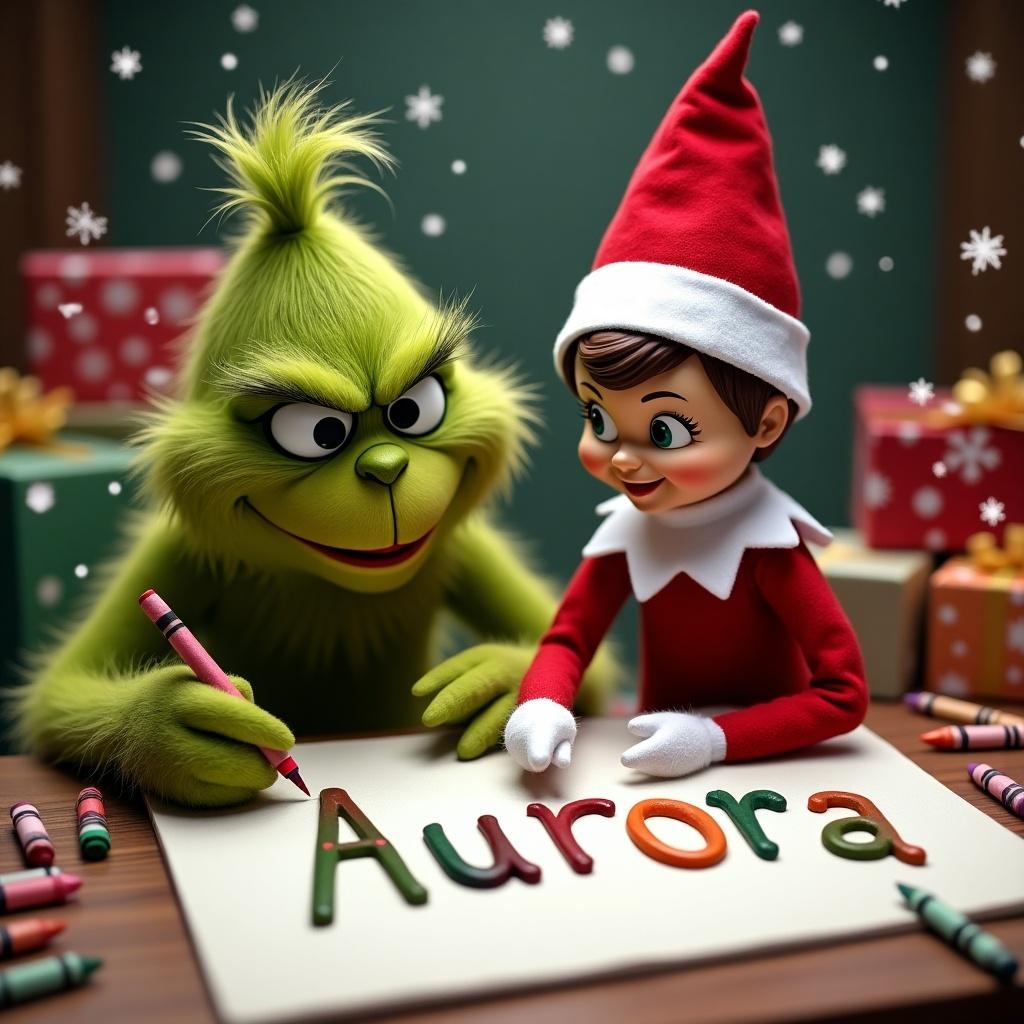 The Grinch and the Elf on the Shelf are writing the name 'Aurora' with crayons. The setting is festive with Christmas gifts and a cheerful background.