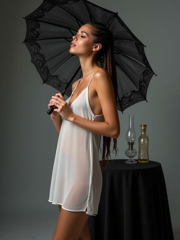Photograph of a woman with long braided hair in a studio setting. She wears a sheer white shift dress. A black lace parasol is held over her head. Left hand rests on her hip. Eyes are closed, head tilted back. Standing next to black cloth-covered round table with an oil lamp and a bottle. Background is blurred. Camera angle is eye-level, medium close-up. Photograph has high aesthetic quality, smooth shadows and highlights. F/2.8 aperture likely used.
