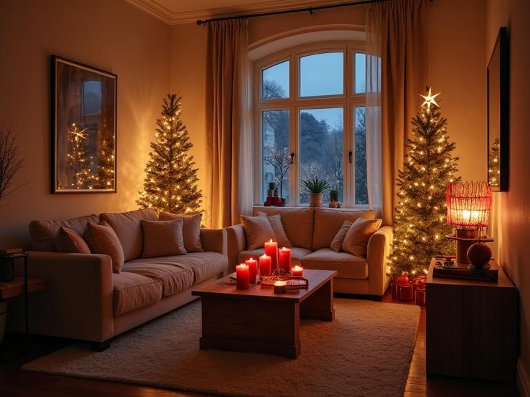 Soft checkered beige living room interior with warm lighting at night. Dark room ambiance enhances romantic setup. Cozy couch and coffee table highlighted with red candles. Christmas trees and decor create a festive theme. Overall view of the entire space.