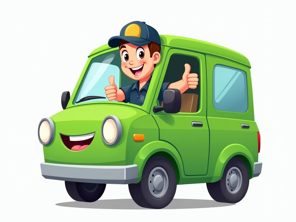 The image showcases a cartoon-style delivery van in a vibrant green color. A driver is seen inside the vehicle, giving a thumbs up gesture to express satisfaction. The van has a friendly and professional appearance, highlighting its purpose for delivery services. The driver's outfit consists of a dark shirt with a cap featuring a logo. The vehicle features clear windows and a smiling design, emphasized by its rounded shape and friendly features.