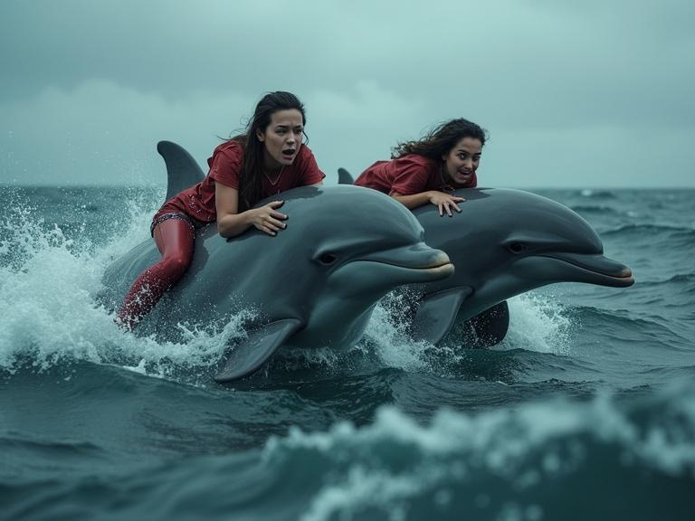 Dolphins swim through turbulent ocean waves. Women ride on their backs, showing fear and exhaustion. Water is dark with splashes. Sky is cloudy and muted. Scene highlights danger and urgency. Cinematic lighting emphasizes struggle and bond.