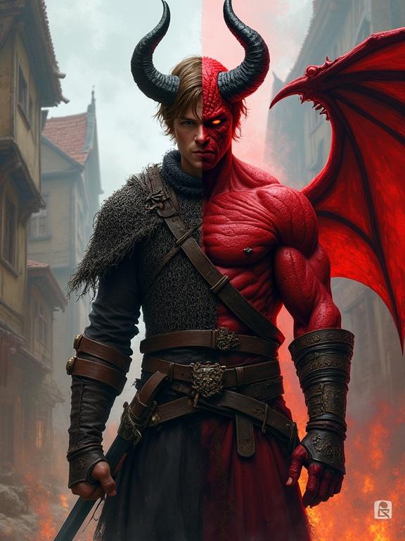 Character design of a fantasy character split vertically. Left side is a medieval warrior in chainmail with a calm expression. Right side shows a powerful red demon with glowing eyes and wings. Background includes a medieval town and a fiery hellscape. Vertical split with painterly textures and bold colors. Expressive brushwork and cinematic composition. Inspired by Alberto Mielgo.