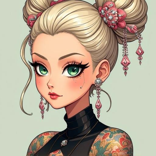 Anime character, woman with emerald green eyes, light blonde oversized French bun. Wearing light pink diamond jewelry. Futuristic elements with traditional Japanese tattoos. Half Japanese, half Saiyan features. Big breasts, muscular arms, 6 pack abs. Appearing on a luxurious high fashion magazine cover. Dressed in edgy gothic fashion with a cybernetic right leg.