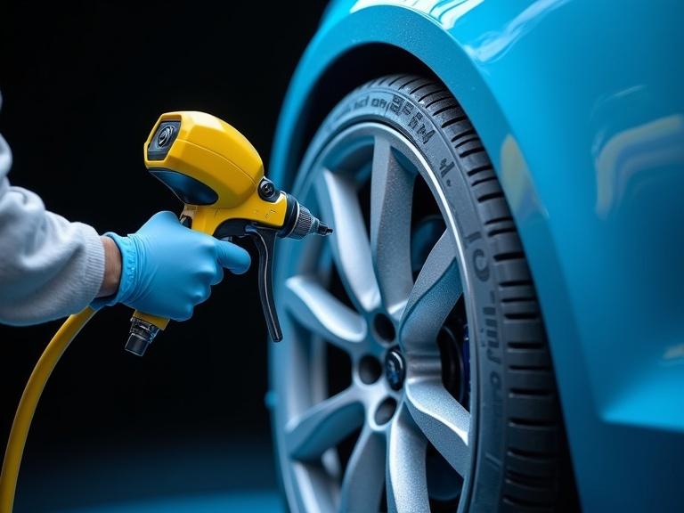 Close-up image of a high-tech car wheel being painted with a bright blue spray paint. A hand holds a yellow and black spray gun. The focus is on the light gray alloy wheel, capturing the detailed spray pattern. The setting is industrial, with a clean, isolated black background. The lighting is bright, emphasizing the smooth surfaces and realistic paint texture.