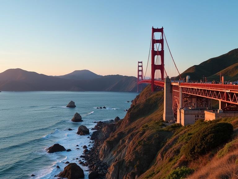Scenic view of Golden Gate Bridge during sunset. Waves crashing on rocky shoreline. Lush green hills in the background. Clear sky with warm sunlight.