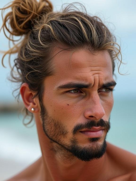 A close-up portrait of a man with medium tan skin, slightly weathered texture, rectangular face, strong jawline, and cheekbones. Display a goatee-style beard and light mustache, clean-shaven sides. Eyes are hazel-green with a contemplative look, thick arched eyebrows. Show a straight, moderately long nose, medium-full lips. Ears are partially visible with a small hoop earring. Hair is thick, dark brown with golden streaks, styled in a messy topknot. Background suggests a beach setting.