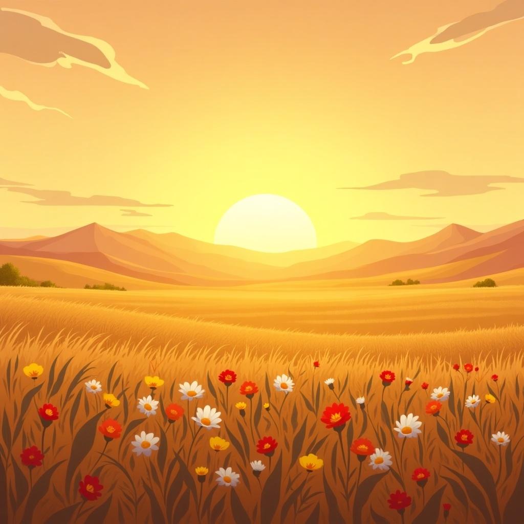 2D cartoon-style background of a Kazakh steppe during sunrise. Background features distant hills with morning mist. Golden grasses swaying in the wind with brightly colored flowers. Glowing sunrise radiates light. Warm and vibrant atmosphere, suitable for animation.