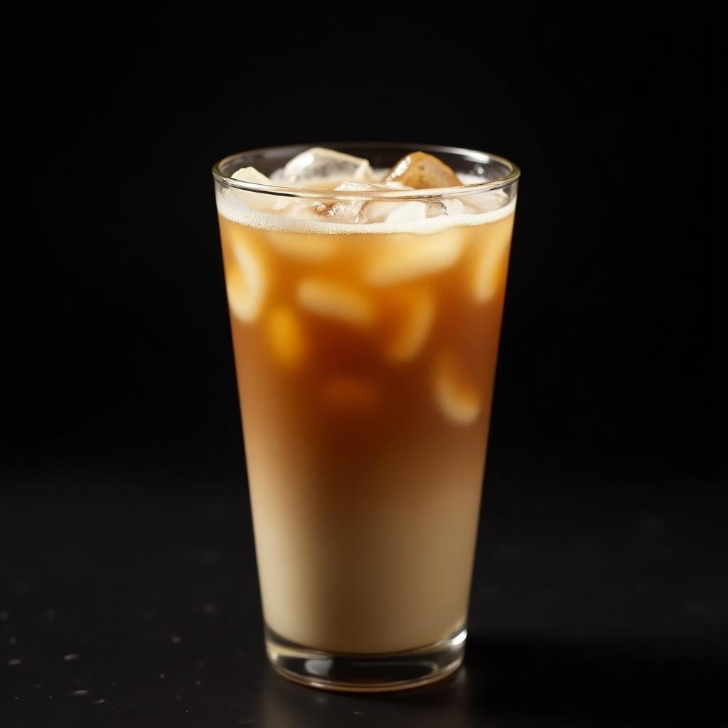 Iced vanilla coffee served in a glass. Dark background enhances the drink's appearance.