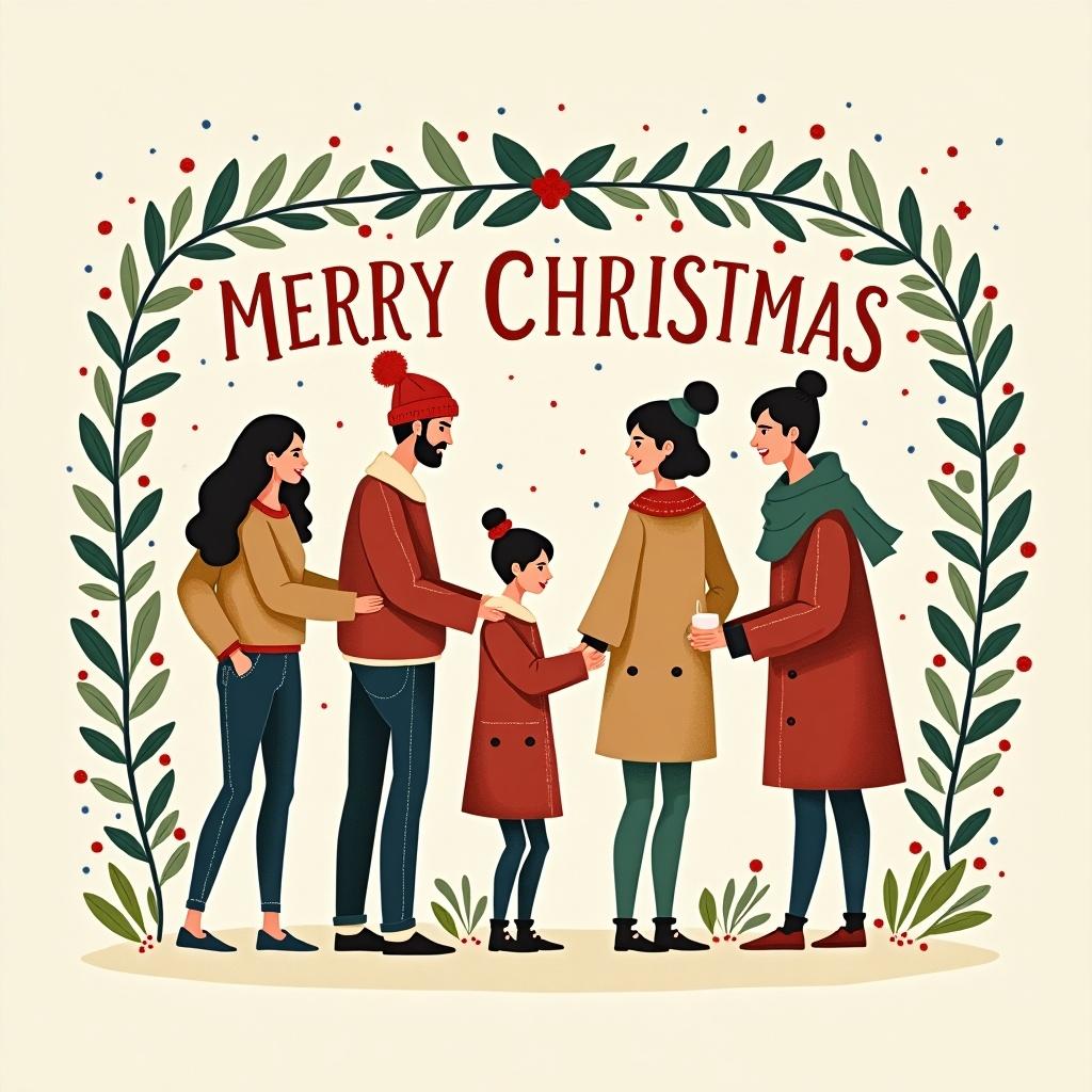 A festive illustration of the phrase 'MERRY CHRISTMAS' surrounded by a family. Family members wear winter clothing and hold hands. Colorful decorations abound. A cheerful holiday atmosphere is present.