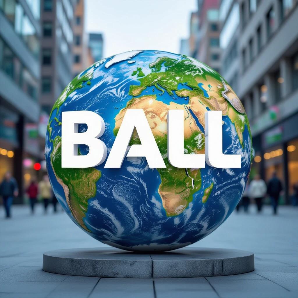 A globe representing Earth with the word 'BALL' in bold letters. The scene is set in a city environment with people walking in the background.