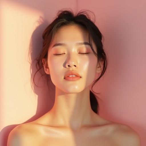 Minimalist portrait features soft pastel colors with warm lighting. Strong serene ambiance evokes calm and approachability.