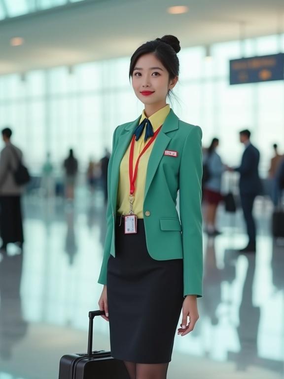 Full body view of airport ground staff in a uniform with pastel-yellow blouse and jade-green blazer. Black pencil skirt and low-heel black pumps. Hair in a bun with light makeup. Wearing a red lanyard and ID badge, scarf tied around the neck. Background is airport terminal inside.