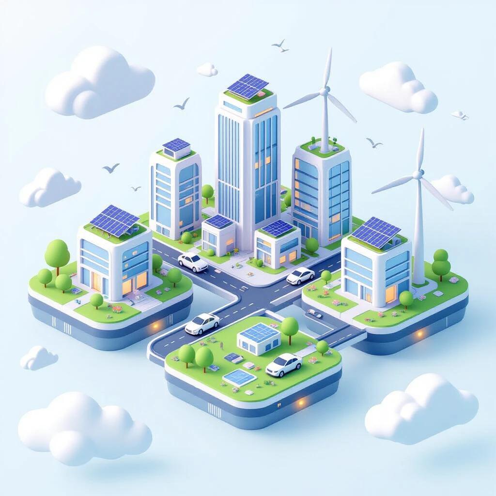 3D isometric illustration depicts a futuristic eco-city on floating islands. Smart buildings feature solar panels and green rooftops. Wind turbines stand tall as self-driving cars traverse elevated roads. The scene is surrounded by fluffy clouds with a glowing ambient light. The design is minimalistic with a white background and pastel colors, enhanced by soft shadows.