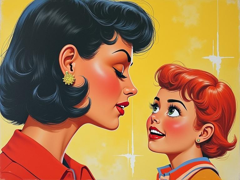 Painted art for an advertising poster.  Styled like 60s graphic advertising design. Featuring a mother and daughter with vibrant colors.