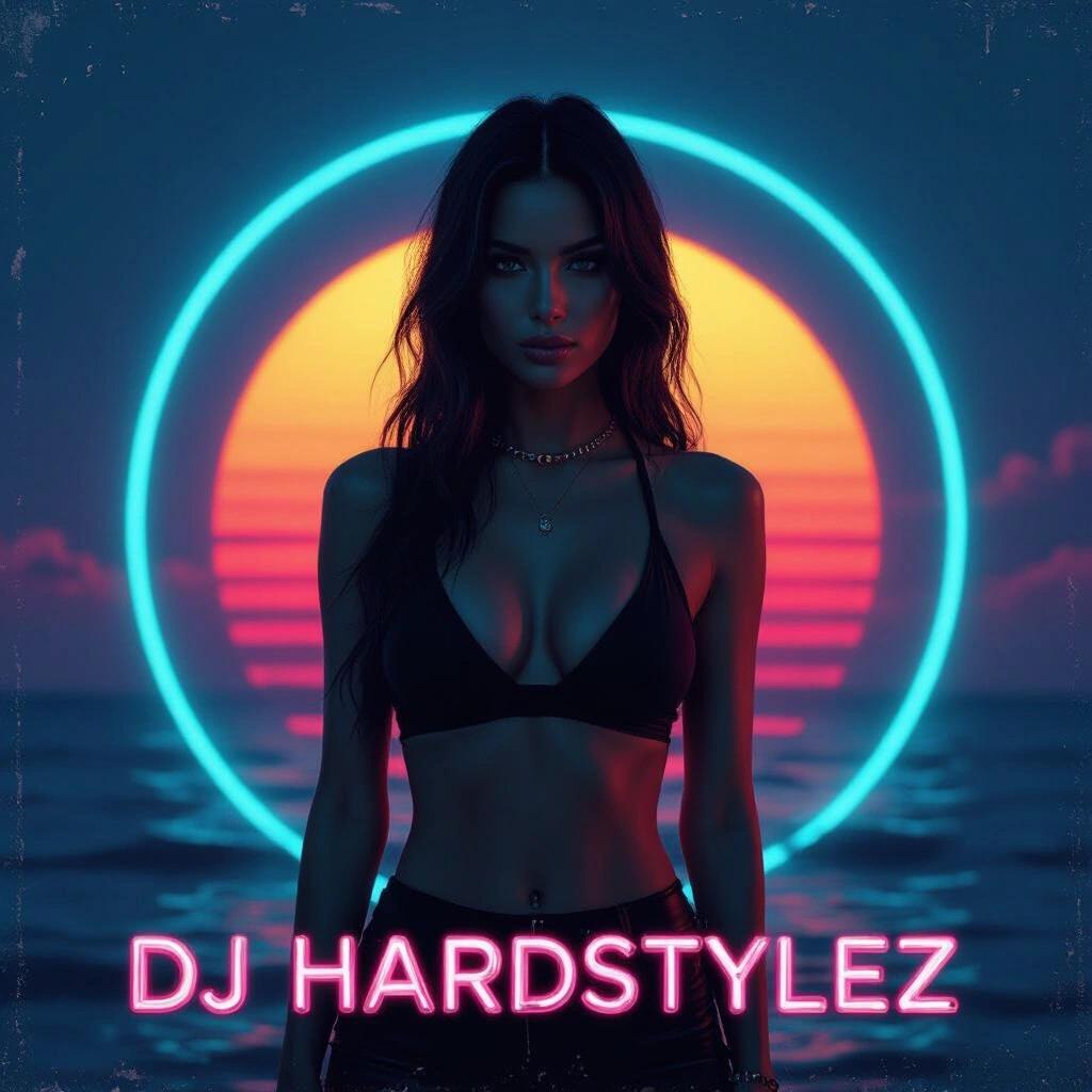 Raw photo featuring a dark neon sunset and a woman facing forward. She has one hand behind her back. The image is designed for an album cover with the text DJ Hardstylez prominently displayed.