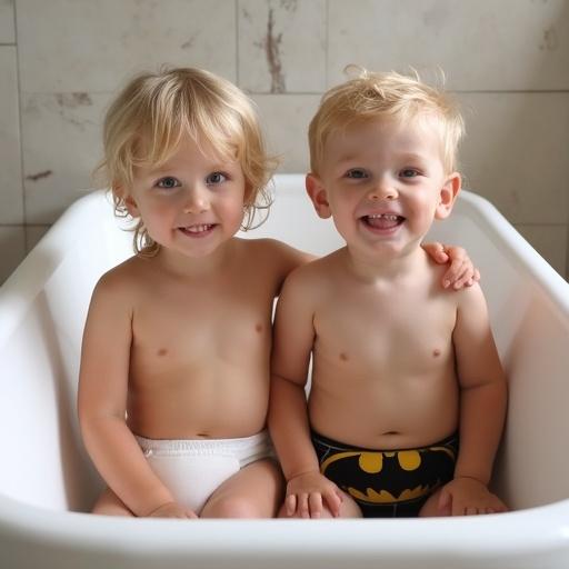 Two young children sitting in a bathtub. A slim 3 year old blond boy wearing oversized batman underwear. A slim 4 year old blond girl wearing a diaper. They look happy and comfortable together.