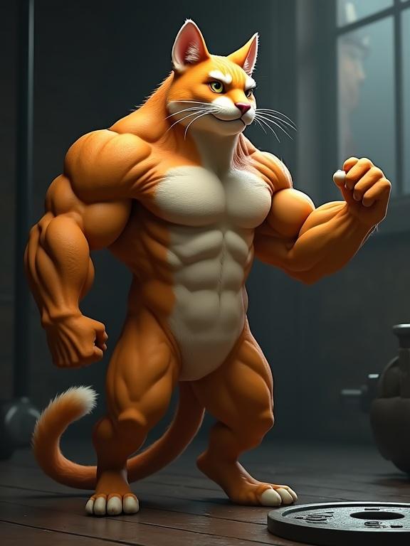 Character design of a muscular orange cat posed in a classic double bicep position. One paw flexing with visible veins. Textures show wet-look fur on shoulders and matte fur on belly. A scar on the left eyebrow creates a battle-hardened appearance. Background includes a smoky gym mirror reflecting the cat’s back muscles and a broken weight plate on the floor engraved with '500lbs'. Setting reflects a Pixar-style aesthetic with subsurface scattering fur and a hint of Dark Souls vibe.