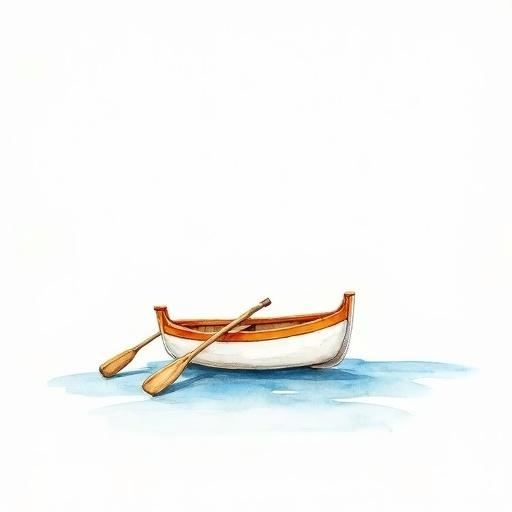 Watercolor illustration featuring a wooden boat painted white with an orange outline and two wooden oars on a pastel blue water background.