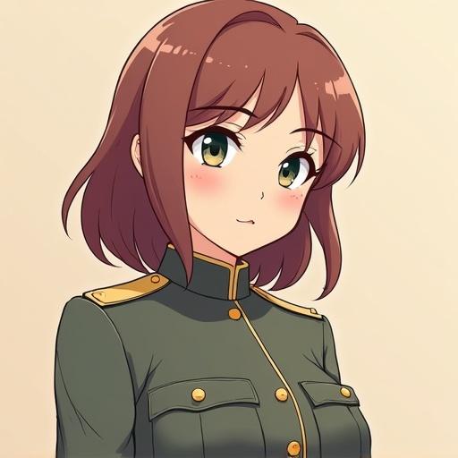 Illustration of a caring and supportive woman in anime style. She is wearing a military uniform with the rank of colonel. Soft color palette used in the artwork.
