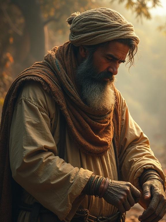 Man working to grind Amrith Ras Achar. The man wears traditional clothing. He has a beard and long hair. Natural setting with soft light.