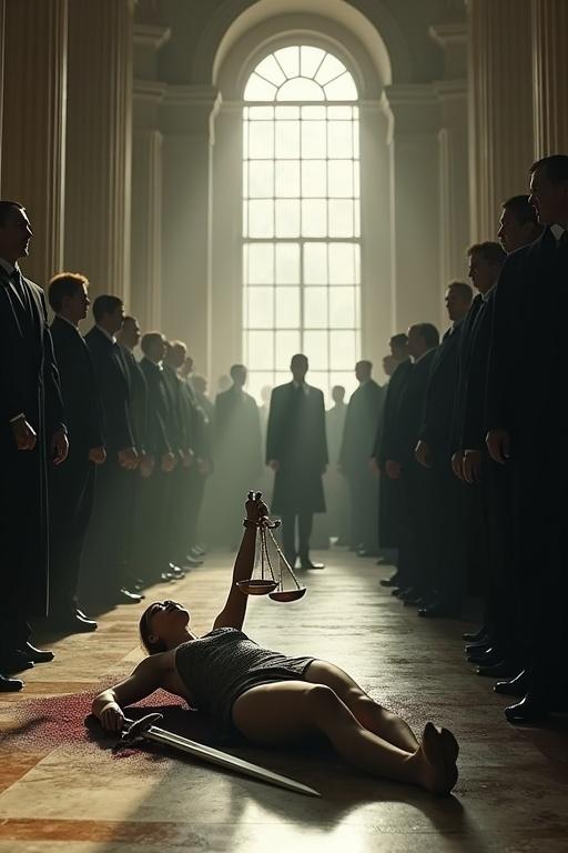 Scene depicts a courtroom with Lady Justice lying on the marble floor. She is blindfolded and holding scales. House representatives surround her, symbolizing power and corruption. The atmosphere is tense and dark. The floor is marred by boots, emphasizing the struggle for justice.