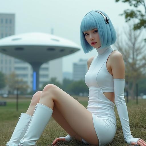 Depiction of a young woman from outer space. She wears a white futuristic dress and has light blue bob hair. A spaceship is in the background. She sits on the ground in a park located in a Tokyo suburb.
