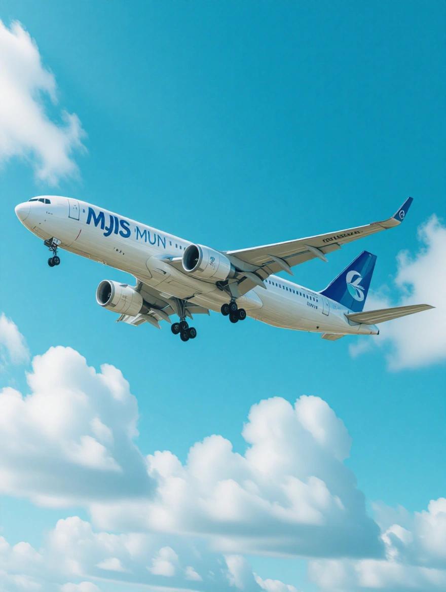 Large white Boeing 777 passenger airplane flying low. Branded with bold blue logo MJIS MUN 25. Approaching for landing with landing gear deployed. Vivid blue sky with scattered white clouds. Hyper-realistic textures on airplane and clouds. Smooth cinematic style with subtle motion blur. Captured in ultra-high 8K resolution.