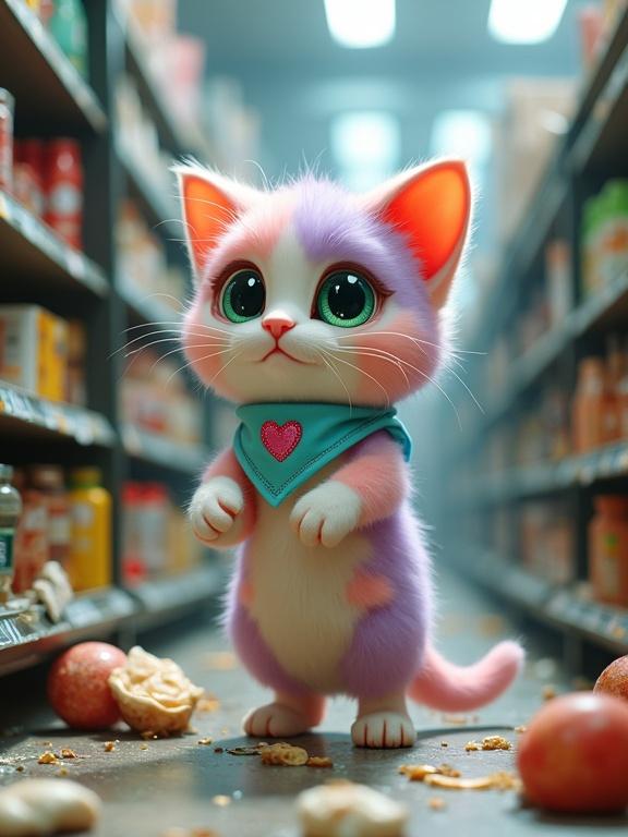 Inside a half-destroyed supermarket. A fluffy anthropomorphic kitten has pastel pink and lavender fur. Creamy white belly and large expressive green eyes. It has an oversized Pixar-style head and tiny paws. Perky ears and a light blue bandana with a stitched pink heart. It stands on hind legs trying to reach items on a tilted shelf. Spilled goods litter the floor. Broken glass glints in moody lighting. The kitten's expression is focused and determined to gather supplies for a baby despite the surrounding turmoil.