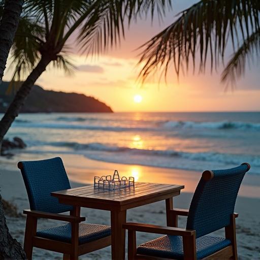 Chair and table on a beach at sunset with trees and a paper with a question mark on the table.