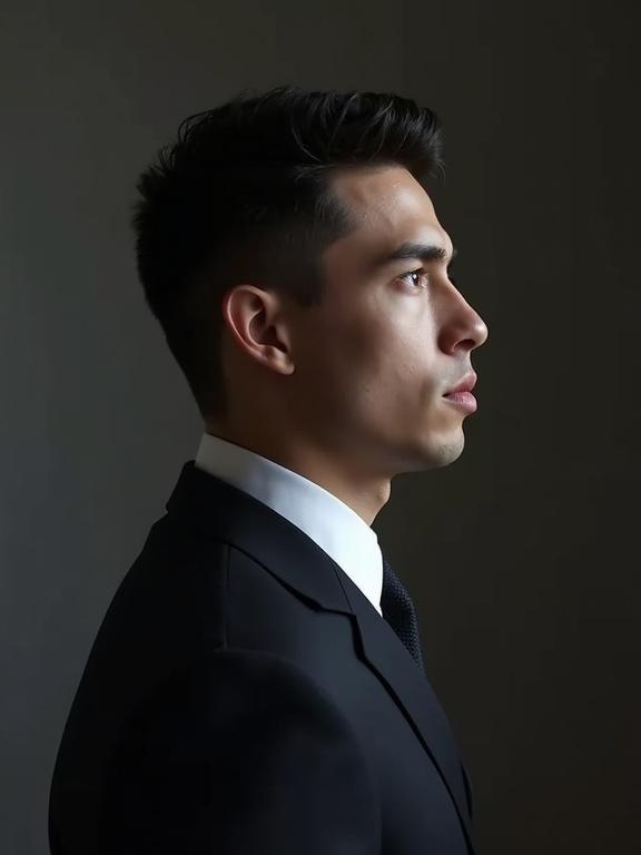 Photorealistic side profile shot of a young man in a dark suit. The background is subtle and enhances the subject's formality.