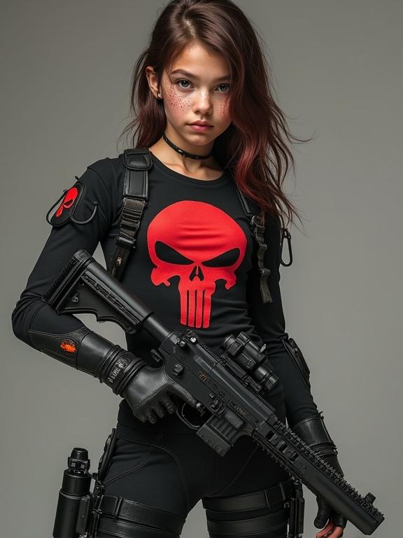 Full body portrait of a young girl in a tactical suit. She has striking appearance with freckles and sensual lips. Holds Glock with a silencer. Suit features biomechanical parts. Red Punisher logo on t-shirt. Confident expression and aggressive stance. Hair resembles Judy.