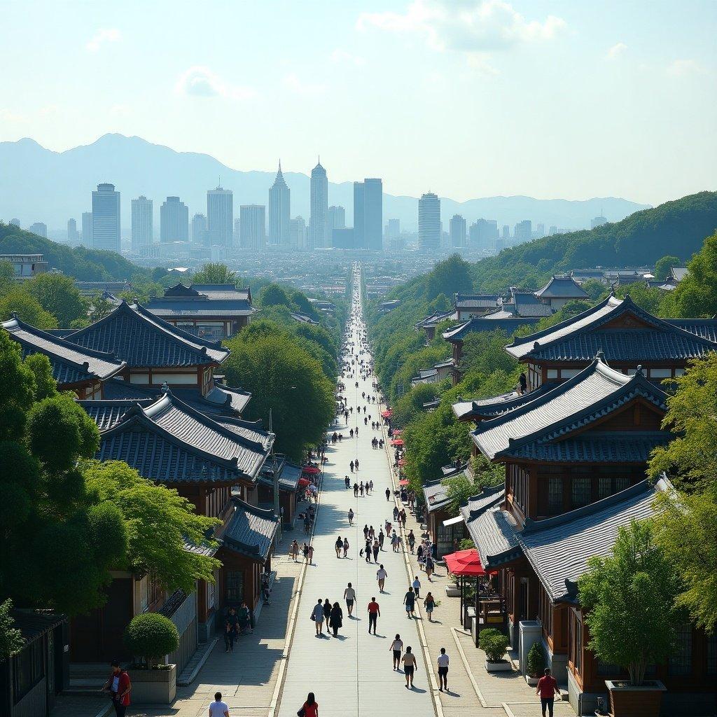 This image depicts a cityscape representing a blend of traditional and modern architecture. In the foreground, traditional Asian-style buildings line a long, broad avenue. The avenue stretches toward the horizon, leading to impressive skyscrapers that symbolize urban growth. Lush greenery surrounds the area, enhancing the natural beauty of the city. This scenic view emphasizes the contrast and harmony between historic and contemporary structures.