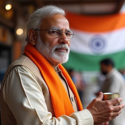 Generate an image of Narendra Modi selling chai in a tea shop in the streets of Uttar Pradesh. Man with gray hair and beard wearing glasses and a traditional outfit. Orange scarf visible. Background includes Indian tricolor flag.