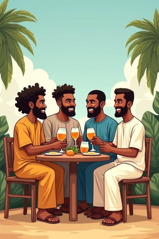 Group of four male friends wearing Hausa dress smiling and laughing around a table. They enjoy drinks with a tropical background. Quote about wealth of good people written on the image.
