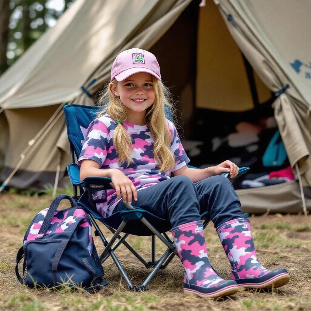Brianna Jr at a music festival. She's in a camp chair near a tent. Cartoon girl with freckles and long light-blonde hair in a ponytail. Wearing a dark pink cap and camouflage shirt. Pink hoodie around her waist and navy tracksuit pants. Dark pink wellies on her feet.