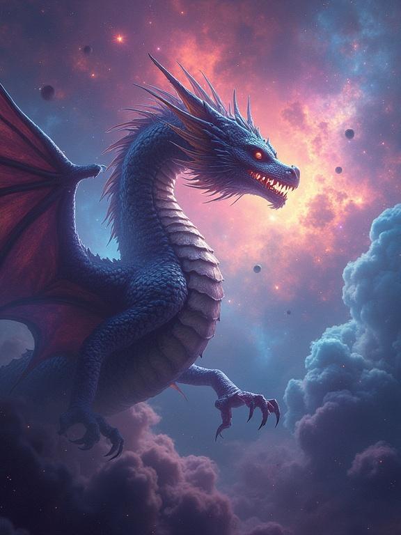 A cosmic dragon soars through a vibrant nebula. The dragon has shimmering scales in iridescent colors. The nebula is colorful and swirling. Planets and asteroids are scattered throughout. The scene has a hyperrealistic digital painting style. Attention to detail is meticulous. The color palette is vibrant and cosmic.