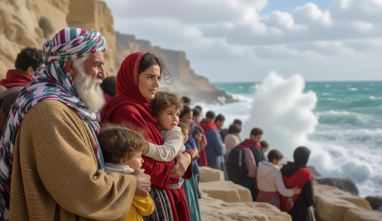 Families stand at the coastline viewing the sea. Strong winds affect their garments. Children hold their parents tightly. The atmosphere is tense yet hopeful as they look into the horizon. Waves crash against the rocks. Grey clouds drift across the sky. The scene captures a mix of emotions.