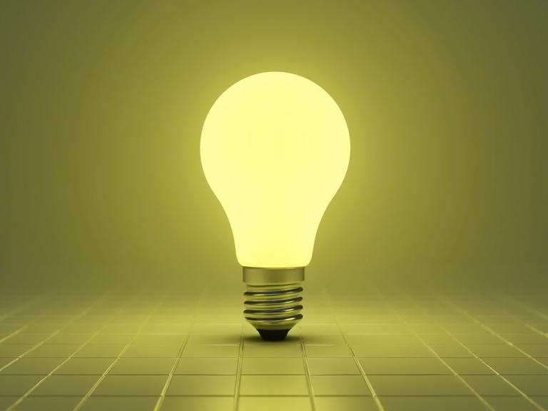 A glowing light bulb stands prominently on a grid-patterned surface. It emits a soft yellow-green light creating a calming atmosphere. The design is minimalistic, emphasizing the bulb's shape and glow. The background is a neutral tone allowing the light to be the focal point.