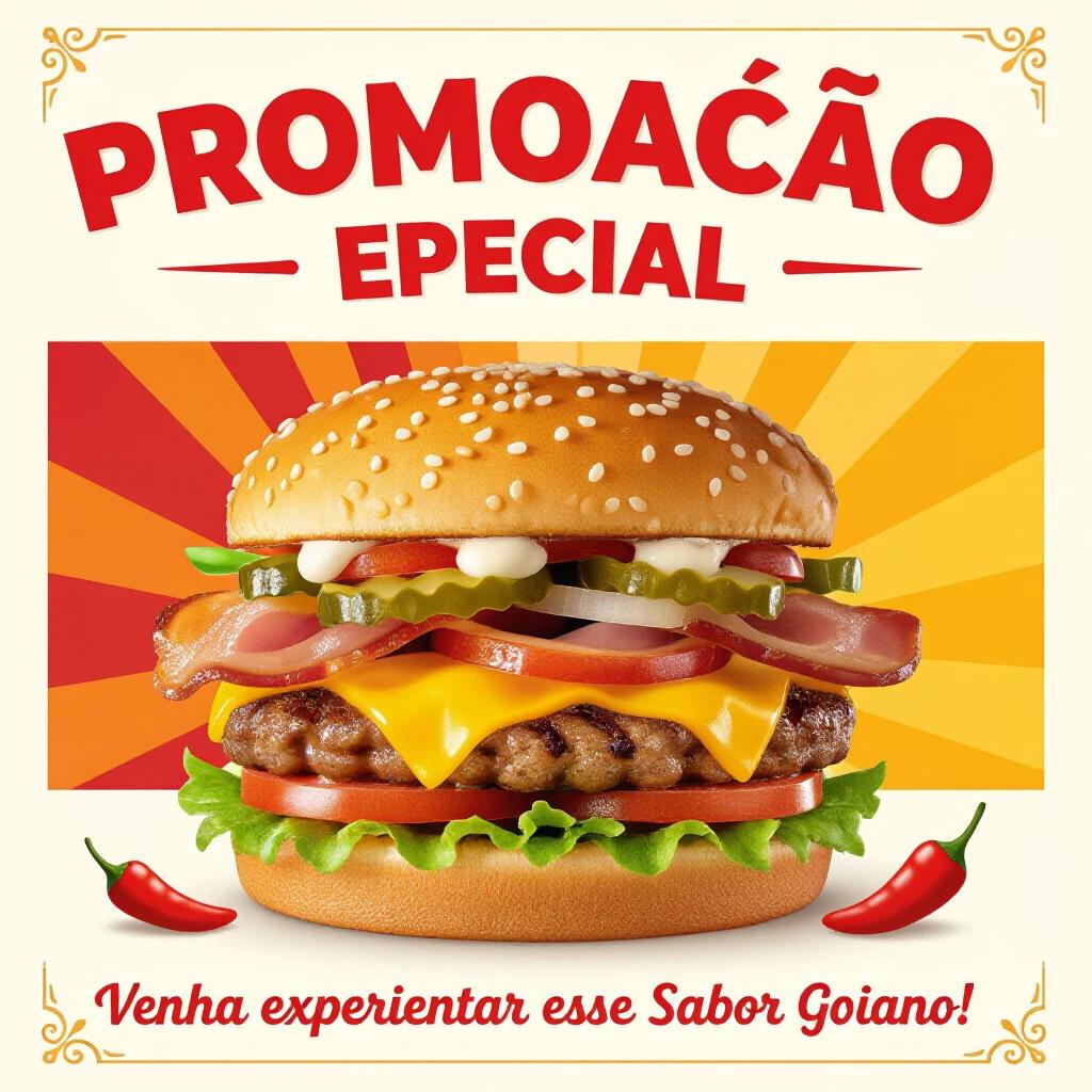 A burger advertisement poster featuring a large juicy burger. Top of poster has bold vintage text stating Promoção especial. Bottom text invites audience to experience Goiano flavor. Background has warm colors like red, yellow, and orange. Design is clean with decorative elements evoking Brazilian flavor.