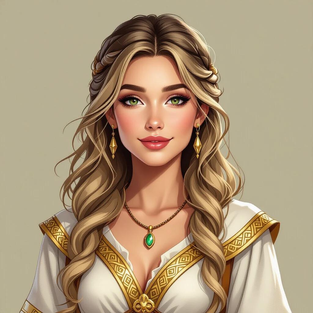 D&D character illustration of a slender woman. Long wavy ash blonde hair styled in half up-do. Light brown skin with soft joy. Thicker eyebrows and fuller lips. Refined feminine aura in ancient Greek-like sorcery robes. Off-white with bronze accents. Adult human woman. Front-facing headshot in colorful and detailed style. Appropriate for Dungeons & Dragons game art.