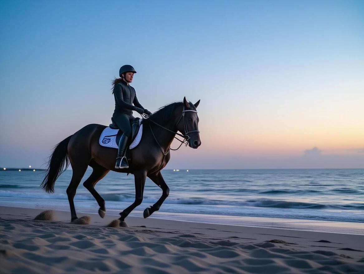A black horse gallops at the beach during nighttime. The sky transitions to twilight hues. A rider sits confidently atop the horse. The ocean waves gently lap at the shore. Sand is kicked up in the horse's wake.