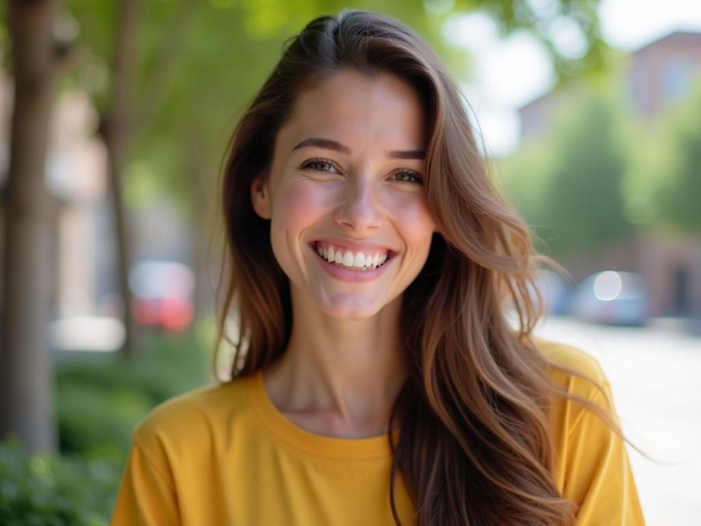 A person outdoors, smiling brightly, with long brown hair and wearing small earrings.