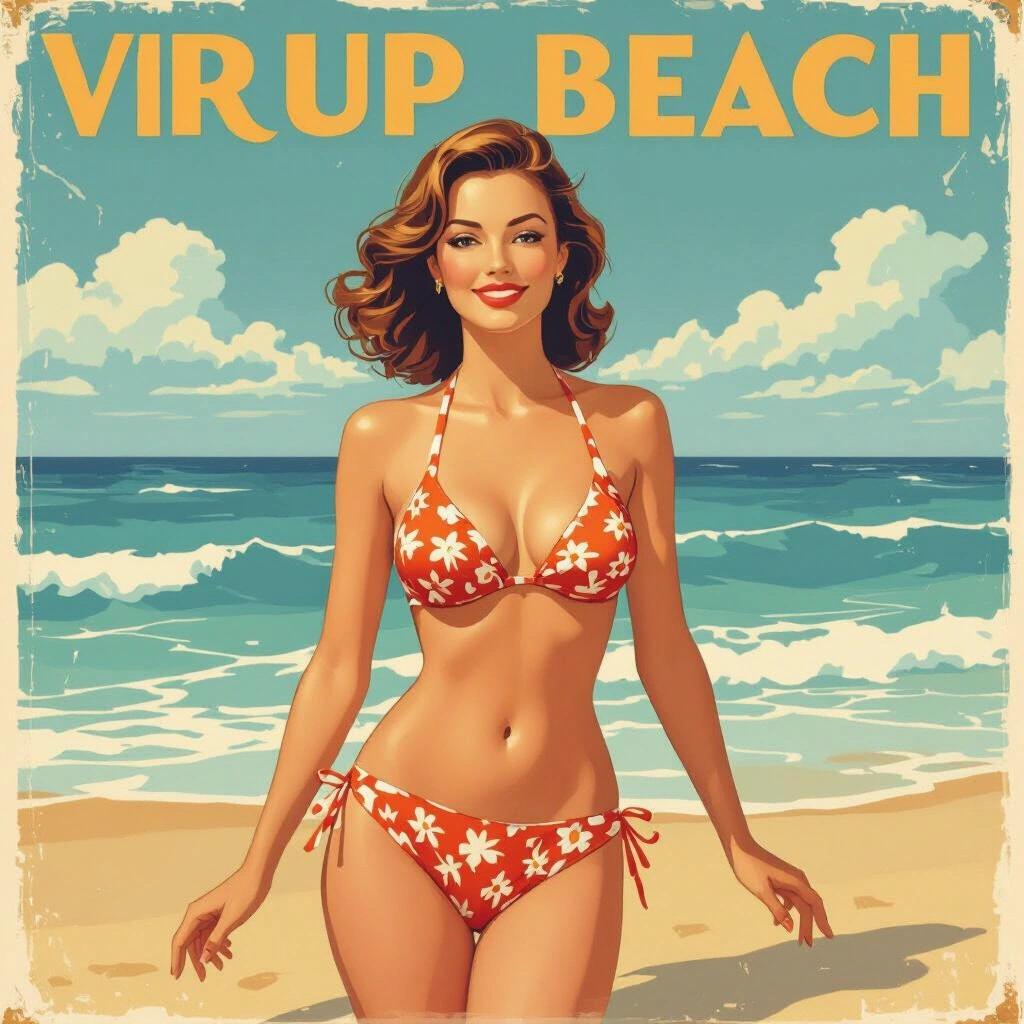 Vintage beach poster featuring a bikini-clad woman by the ocean. Bright colors and playful theme. Summer atmosphere.