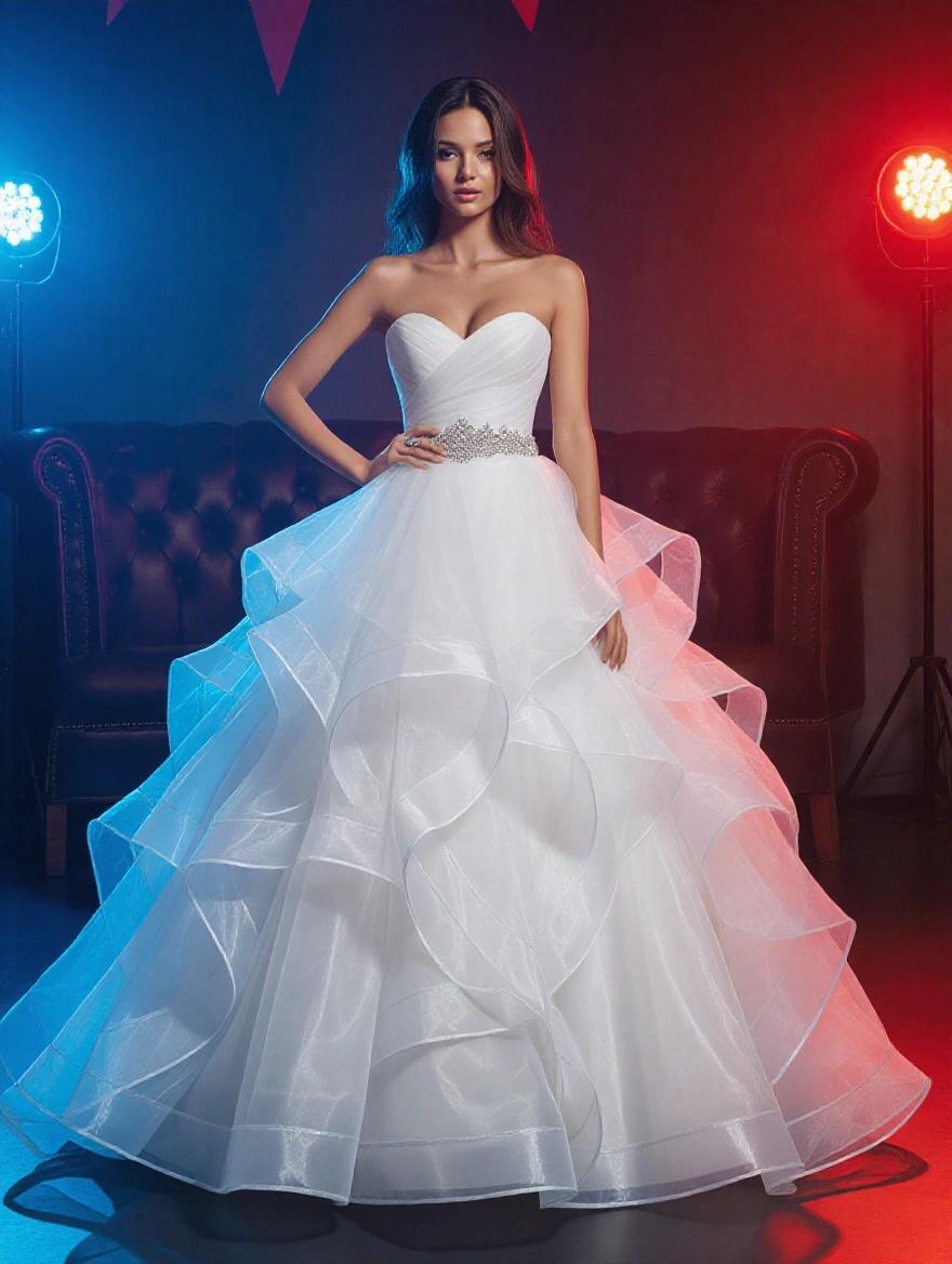 Woman wears a white bridal dress at a party. Dress has a full skirt with layered ruffles and a jeweled belt. Background features dramatic lighting with red and blue tones.