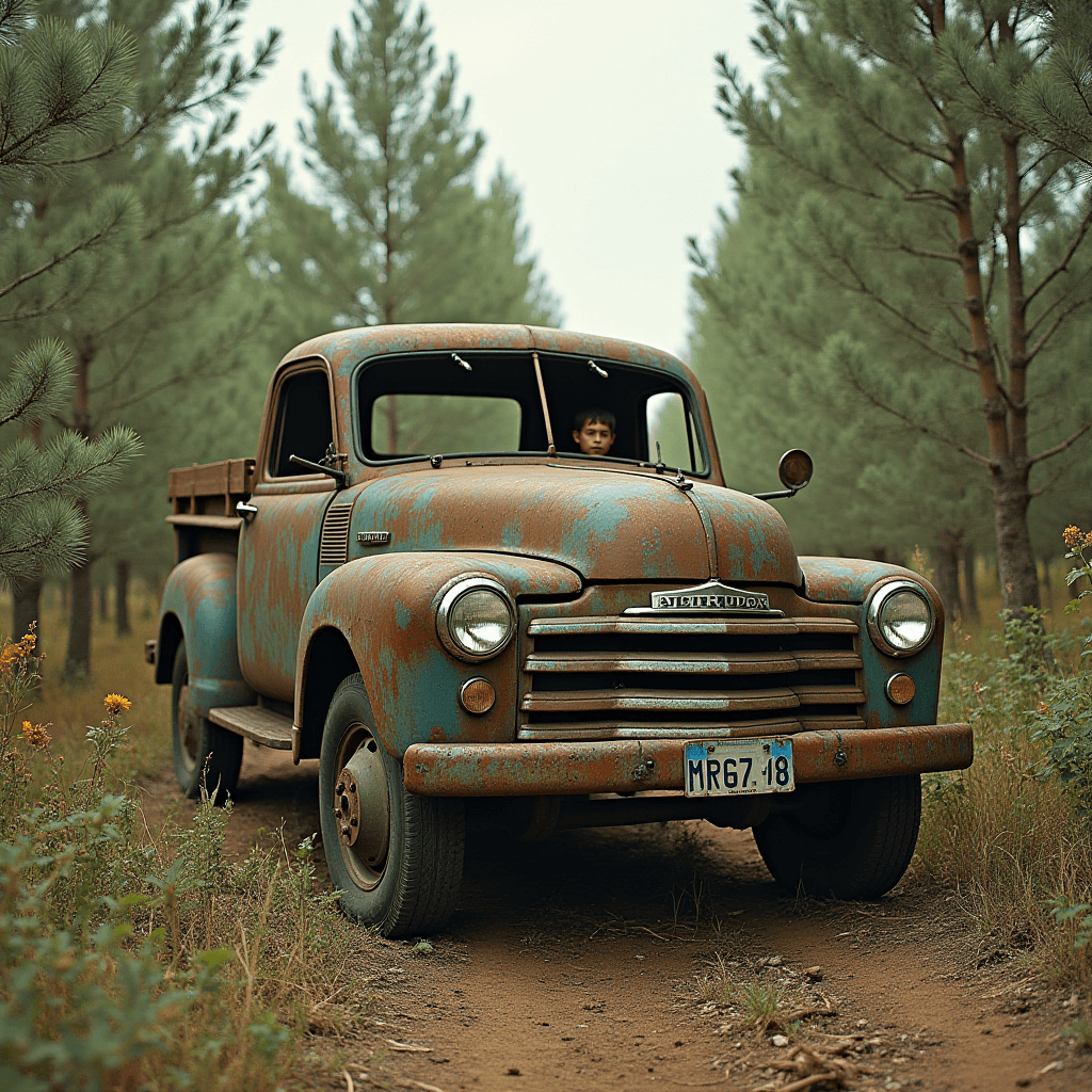 A vintage pickup truck rusting away in a serene forest path.