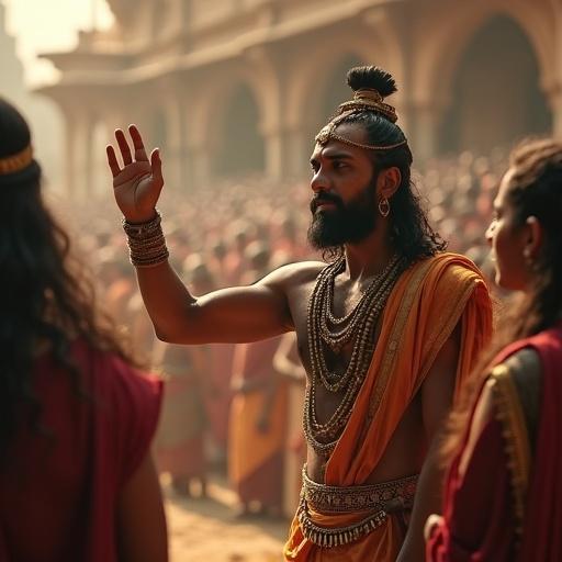 In front of the royal assembly Duryodhana turns to the crowd raises his hand and proclaims from this moment he belongs to the royal lineage. His voice echoes through the arena. Nobles exchange glances uncertain. Karna bows his head in gratitude a tear rolls down his cheek. That moment etched in his soul forever becomes a debt he carries until death.