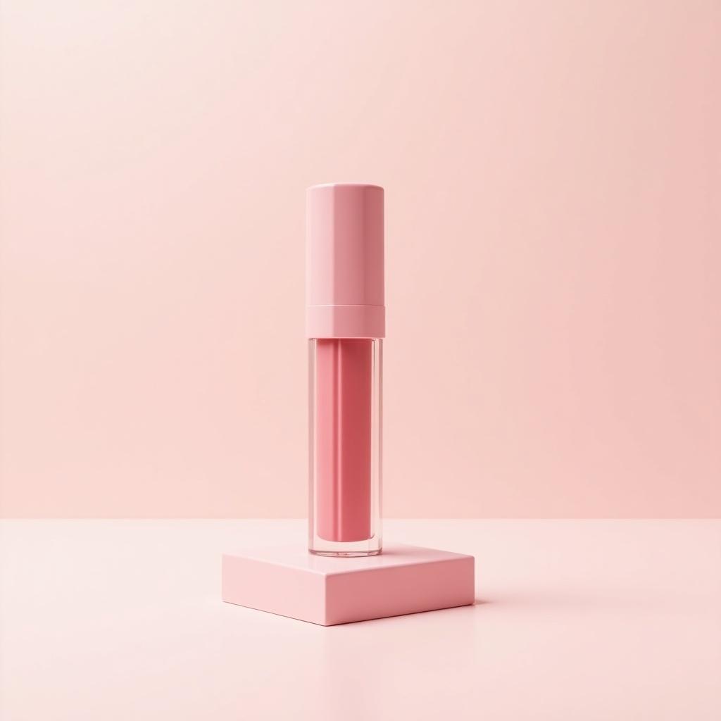 Image showcases a pink Huda Beauty gloss placed on a light pink base in a softly lit background. The design is minimalistic and elegant, focusing on the product presentation.