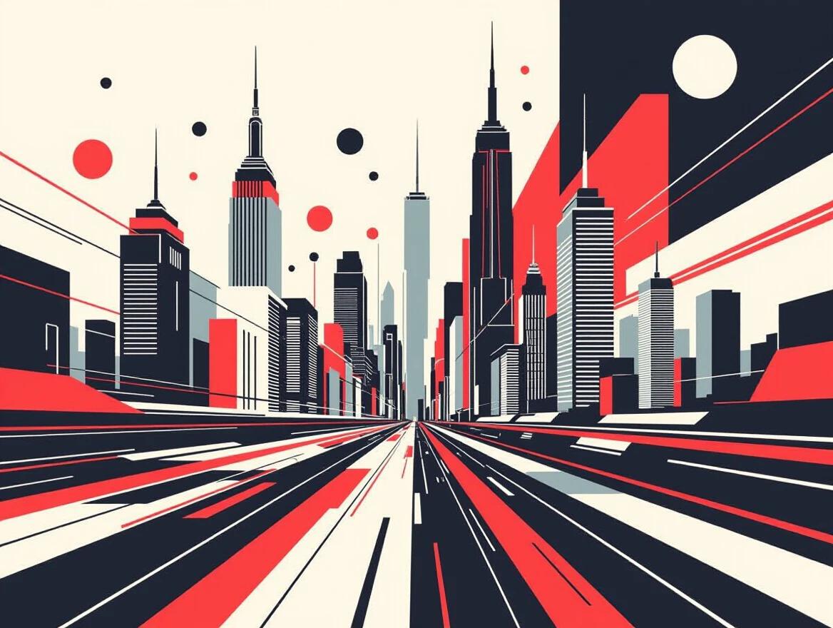 Design an abstract cityscape using straight lines and bold contrasts. The cityscape features various buildings with spires and a dynamic road perspective. Colors include shades of red, black, and white.