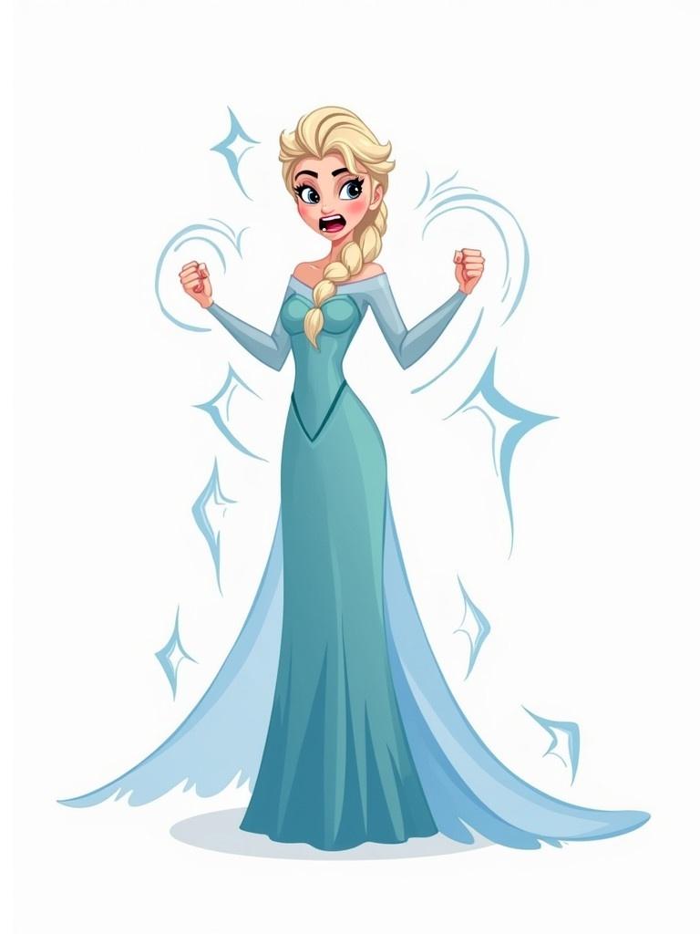 Flat vector illustration of Elsa wearing an ice queen gown. Elsa has long icy blonde hair. She stands with clenched fists in an angry pose. Dynamic motion lines highlight the intensity of her emotional state. Background is solid white. Expression captures a moment of unbridled fury.