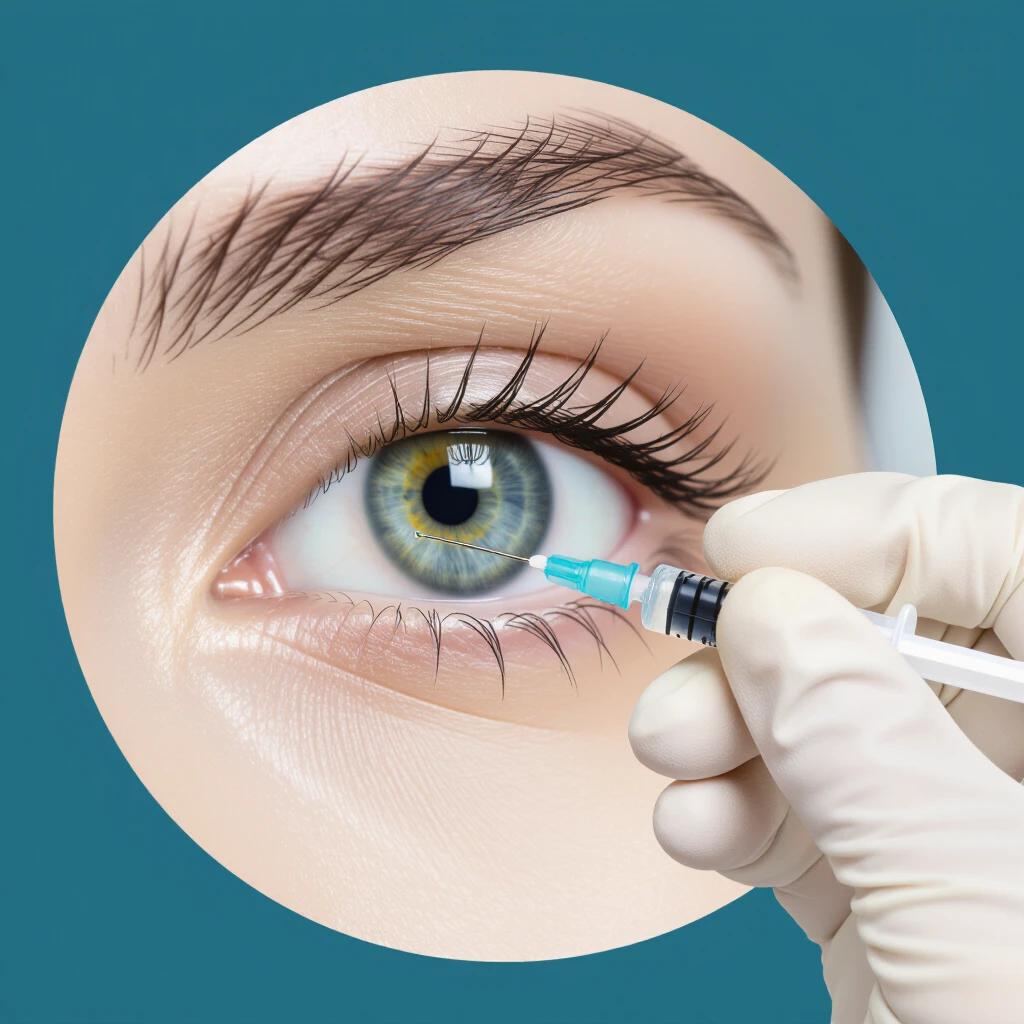 Close-up of an eye looking upwards. A hand in white gloves holds a syringe containing translucent fluid. Focus on eye and syringe without any distractions.